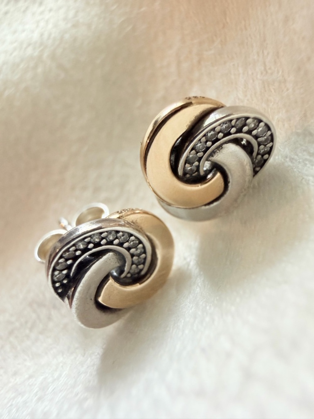 Pandora 2-Tone Intertwined Circles Stud Earrings Set w/14k & Sparking CZs